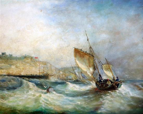 Attributed to John Moore of Ipswich Fishing boat entering harbour 7.5 x 9.5in.